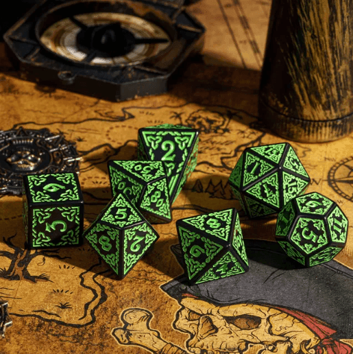 Celtic Knot Dice 7-Dice Set DND RPG Dice Druidic | White, Red, Orange, Yellow. Green, Blue - White