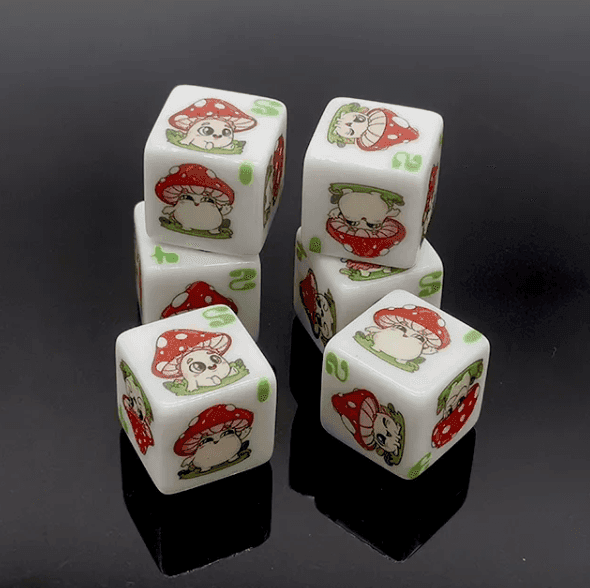 (White) Mushroom Dice | Printed d6 Dice Featuring Cute Mushroom Numbered - 1 Dice