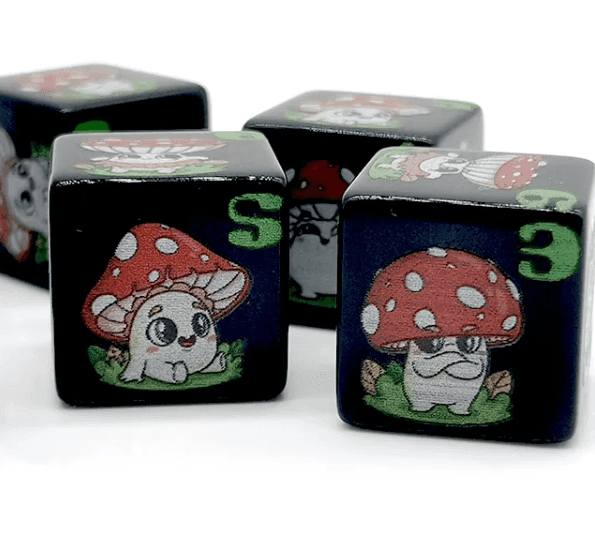 (Black) Mushroom Dice | Printed d6 Dice Featuring Cute Mushroom Numbered - 1 Dice