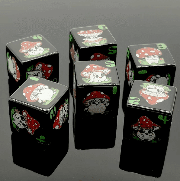 (Black) Mushroom Dice | Printed d6 Dice Featuring Cute Mushroom Numbered - 1 Dice