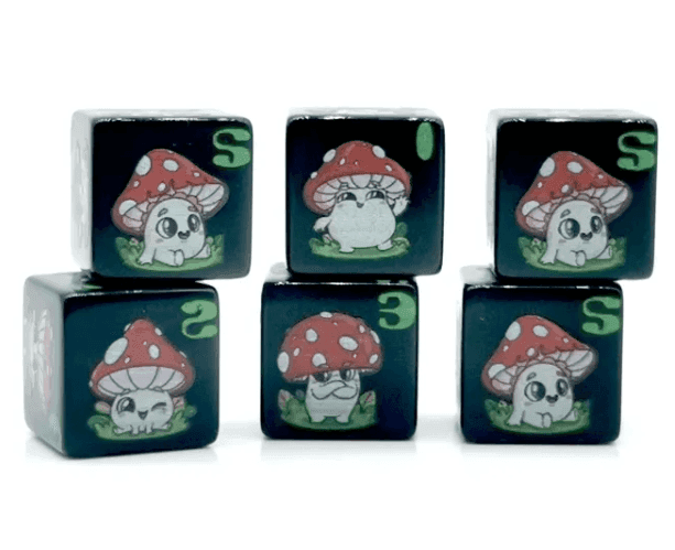 (Black) Mushroom Dice | Printed d6 Dice Featuring Cute Mushroom Numbered - 1 Dice
