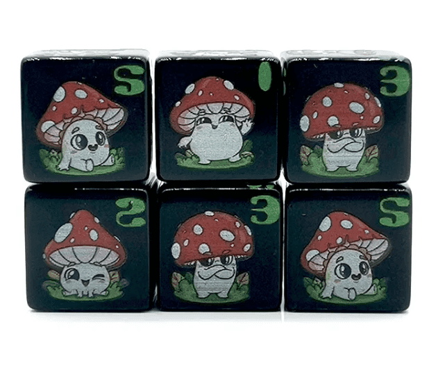 (Black) Mushroom Dice | Printed d6 Dice Featuring Cute Mushroom Numbered - 1 Dice