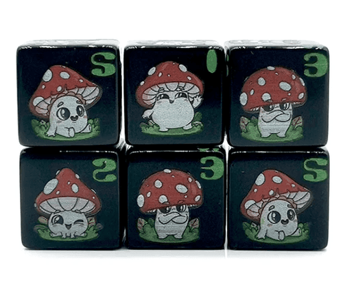 (Black) Mushroom Dice | Printed d6 Dice Featuring Cute Mushroom Numbered - 1 Dice