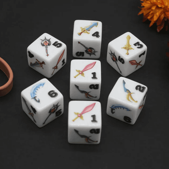 (White) Sword Dice | Printed d6 Dice Featuring Fantasy Weapons Numbered - 1 Dice