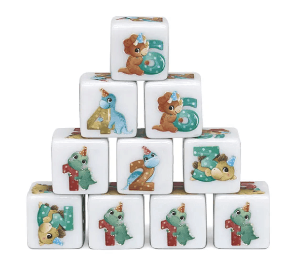 (White) Dinosaur Dice | Printed d6 Dice Featuring Cute Dinos Numbered - 1 Dice