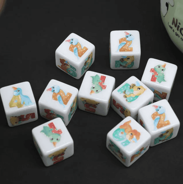 (White) Dinosaur Dice | Printed d6 Dice Featuring Cute Dinos Numbered - 1 Dice