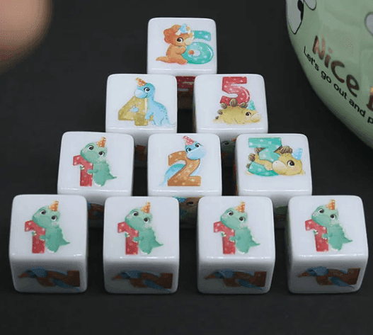 (White) Dinosaur Dice | Printed d6 Dice Featuring Cute Dinos Numbered - 1 Dice
