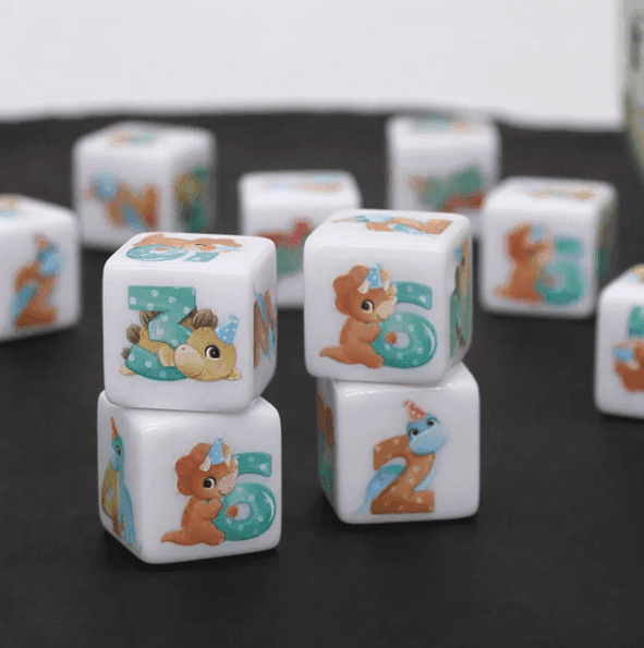 (White) Dinosaur Dice | Printed d6 Dice Featuring Cute Dinos Numbered - 1 Dice