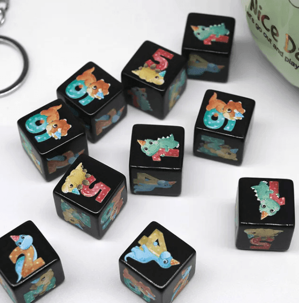 (Black) Dinosaur Dice | Printed d6 Dice Featuring Cute Dinos Numbered - 1 Dice
