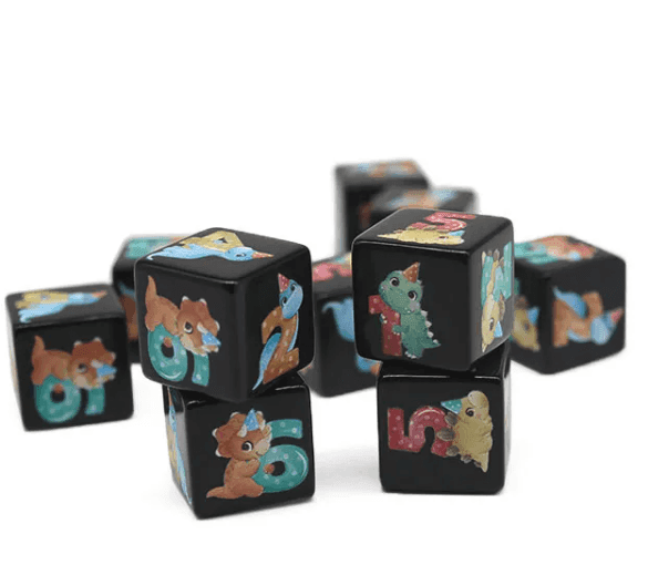 (Black) Dinosaur Dice | Printed d6 Dice Featuring Cute Dinos Numbered - 1 Dice