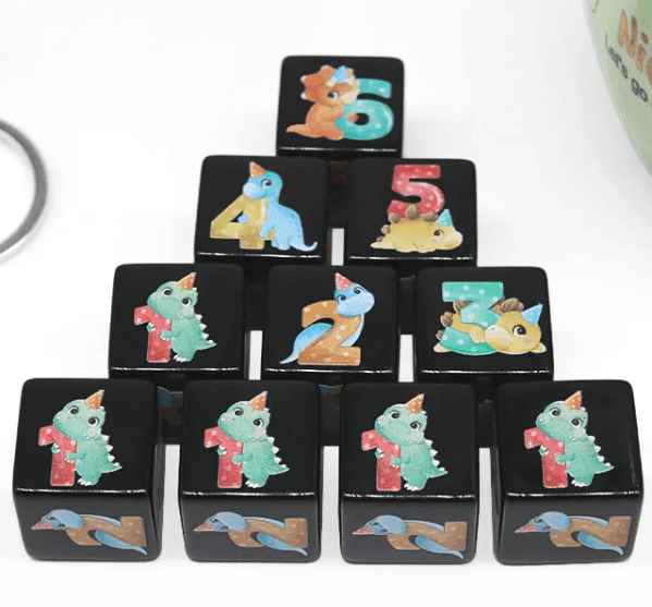 (Black) Dinosaur Dice | Printed d6 Dice Featuring Cute Dinos Numbered - 1 Dice