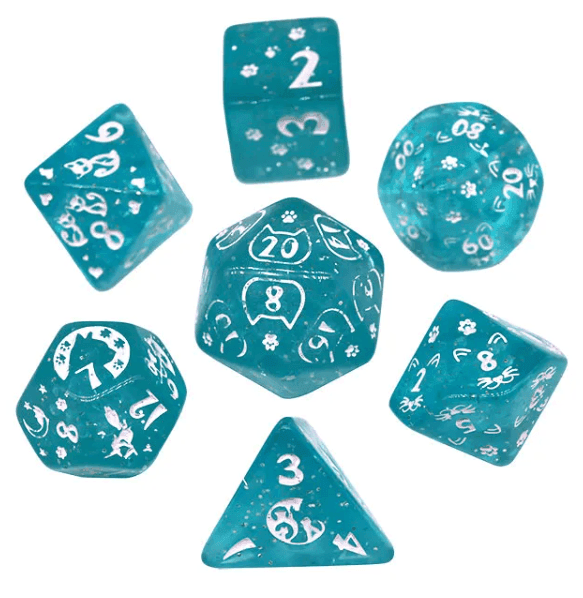 Imperfect - Cat's Meow Blue 7-Dice Set with Silver Glitter - Cat-Themed - Discounted - 