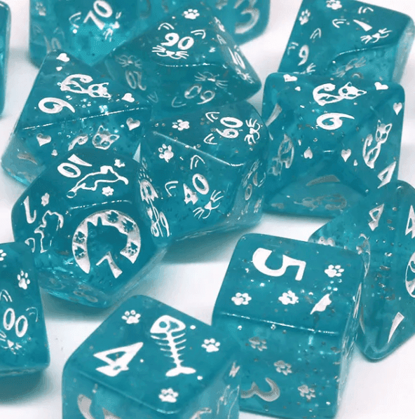 Imperfect - Cat's Meow Blue 7-Dice Set with Silver Glitter - Cat-Themed - Discounted - 