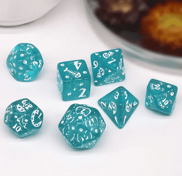 Imperfect - Cat's Meow Blue 7-Dice Set with Silver Glitter - Cat-Themed - Discounted - 