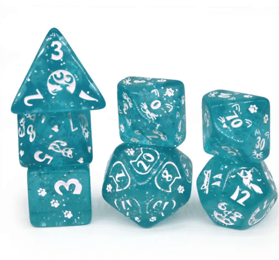 Imperfect - Cat's Meow Blue 7-Dice Set with Silver Glitter - Cat-Themed - Discounted - 