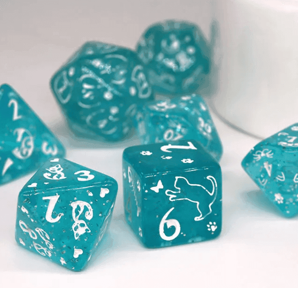 Imperfect - Cat's Meow Blue 7-Dice Set with Silver Glitter - Cat-Themed - Discounted - 