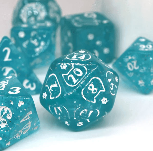 Imperfect - Cat's Meow Blue 7-Dice Set with Silver Glitter - Cat-Themed - Discounted - 