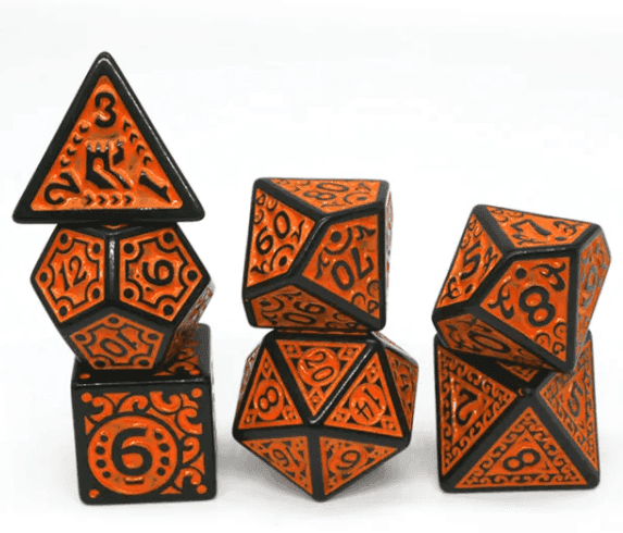 Black with Orange Ink Irregular Pattern Fill | 7-Dice Acrylic Dice Set - 