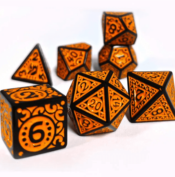 Black with Orange Ink Irregular Pattern Fill | 7-Dice Acrylic Dice Set - 