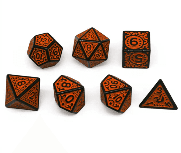 Black with Orange Ink Irregular Pattern Fill | 7-Dice Acrylic Dice Set - 
