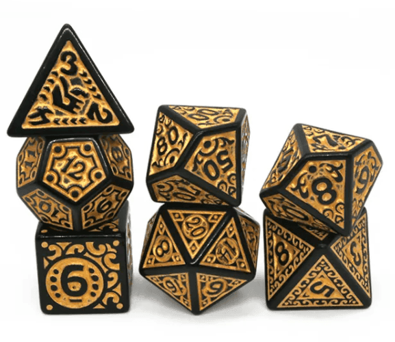 Black with Yellow Ink Irregular Pattern Fill | 7-Dice Acrylic Dice Set - 