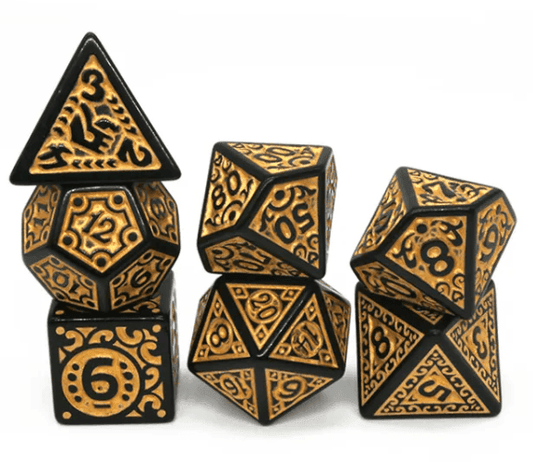 Black with Yellow Ink Irregular Pattern Fill | 7-Dice Acrylic Dice Set - 