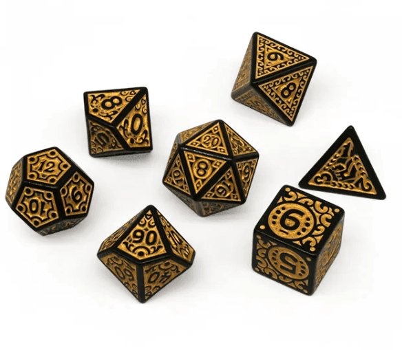 Black with Yellow Ink Irregular Pattern Fill | 7-Dice Acrylic Dice Set - 