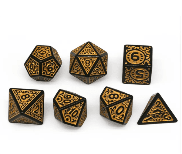 Black with Yellow Ink Irregular Pattern Fill | 7-Dice Acrylic Dice Set - 