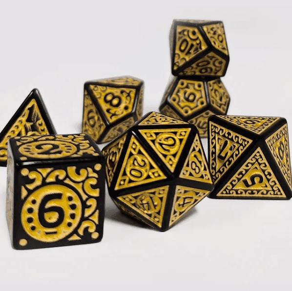 Black with Yellow Ink Irregular Pattern Fill | 7-Dice Acrylic Dice Set - 