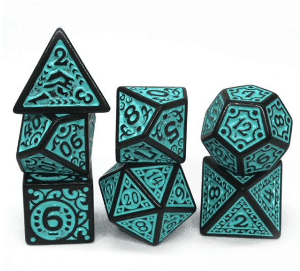 Black with Teal Ink Irregular Pattern Fill | 7-Dice Acrylic Dice Set - 