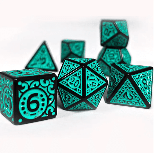 Black with Teal Ink Irregular Pattern Fill | 7-Dice Acrylic Dice Set - 