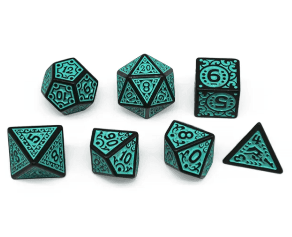 Black with Teal Ink Irregular Pattern Fill | 7-Dice Acrylic Dice Set - 