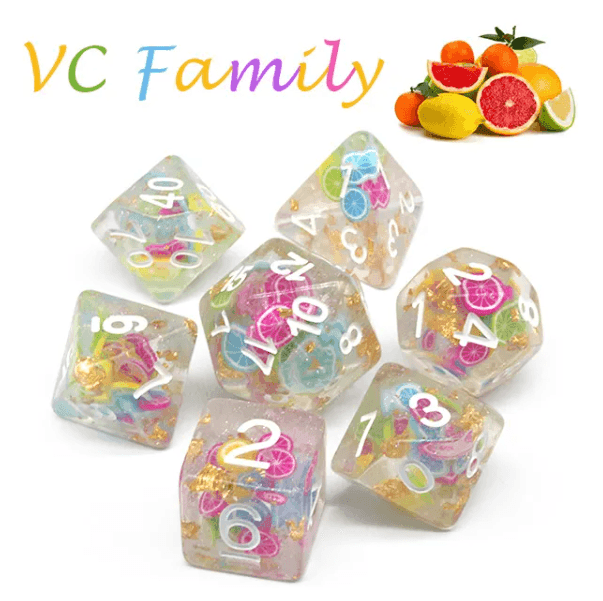 Fruit Medloy | 7-Dice Resin Dice Set DND Dice with Inclusion - 