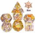 Radiant Dawn: Cleric Sun 7-Dice Set with Golden Sunburst | Yellow & Orange Sun Dice - 