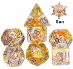 Radiant Dawn: Cleric Sun 7-Dice Set with Golden Sunburst | Yellow & Orange Sun Dice - 