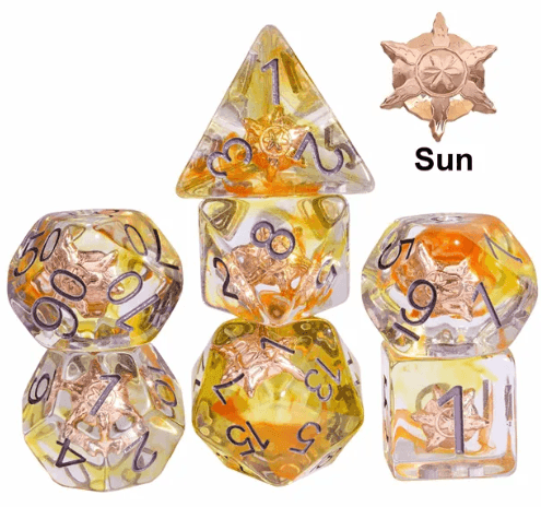 Radiant Dawn: Cleric Sun 7-Dice Set with Golden Sunburst | Yellow & Orange Sun Dice - 