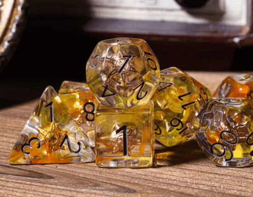 Radiant Dawn: Cleric Sun 7-Dice Set with Golden Sunburst | Yellow & Orange Sun Dice - 