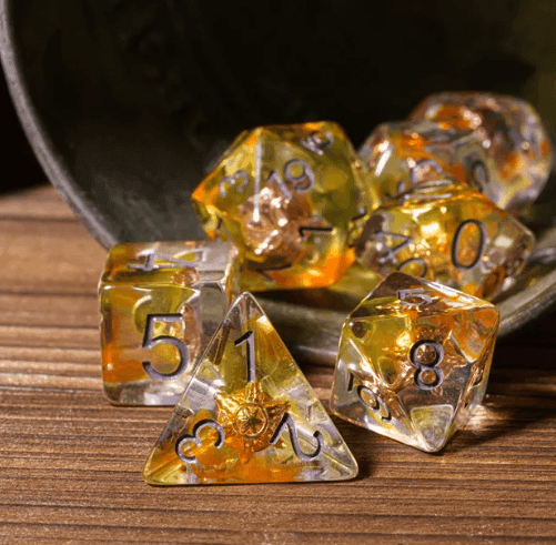 Radiant Dawn: Cleric Sun 7-Dice Set with Golden Sunburst | Yellow & Orange Sun Dice - 