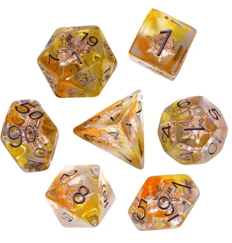 Radiant Dawn: Cleric Sun 7-Dice Set with Golden Sunburst | Yellow & Orange Sun Dice - 
