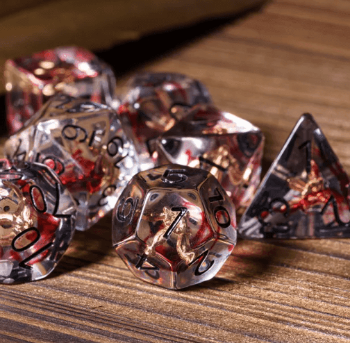 Crimson Veil: Rogue's Deception 7-Dice Set with Gilded Triple Dagger Inlay - 