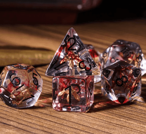 Crimson Veil: Rogue's Deception 7-Dice Set with Gilded Triple Dagger Inlay - 