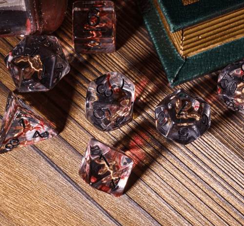 Crimson Veil: Rogue's Deception 7-Dice Set with Gilded Triple Dagger Inlay - 