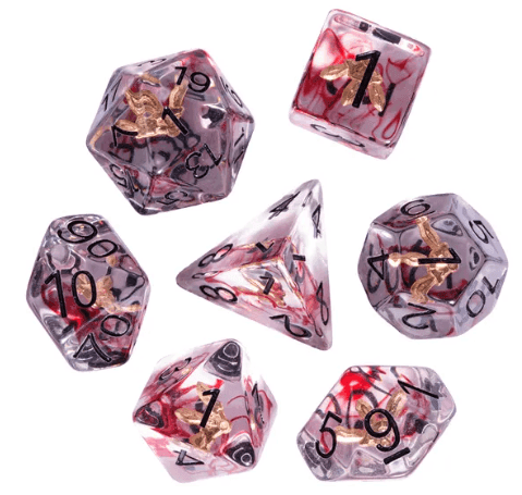 Crimson Veil: Rogue's Deception 7-Dice Set with Gilded Triple Dagger Inlay - 