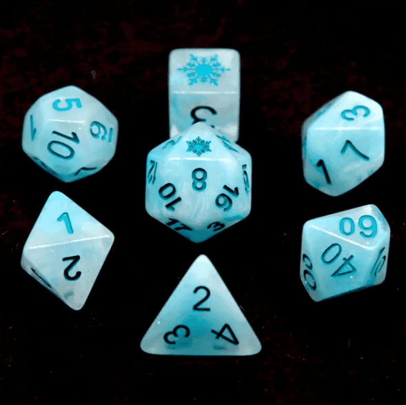 Lake Blue Blizzard's Embrace: Snowflake D&D 7-Dice Set w/Snowflake Emblem - 