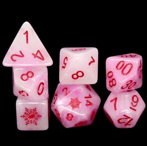 Pink Blizzard's Kiss: Snowflake D&D 7-Dice Set w/Snowflake Emblem - 