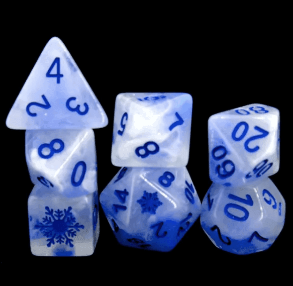 Midnight Frost: Deep Blue Snowflake D&D 7-Dice Set w/Snowflake Emblem - 