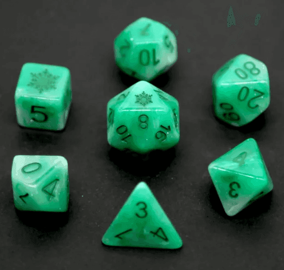 Emerald Blizzard: Green Snowflake D&D 7-Dice Set w/Snowflake Emblem - 