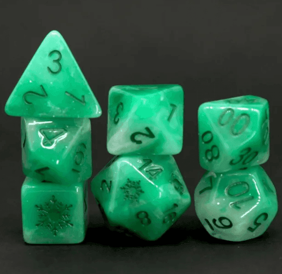 Emerald Blizzard: Green Snowflake D&D 7-Dice Set w/Snowflake Emblem - 