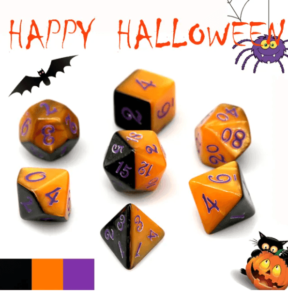Half-Half Dice Orange & Black 7-Dice Set DND RPG Dice Purple Ink Halloween - 