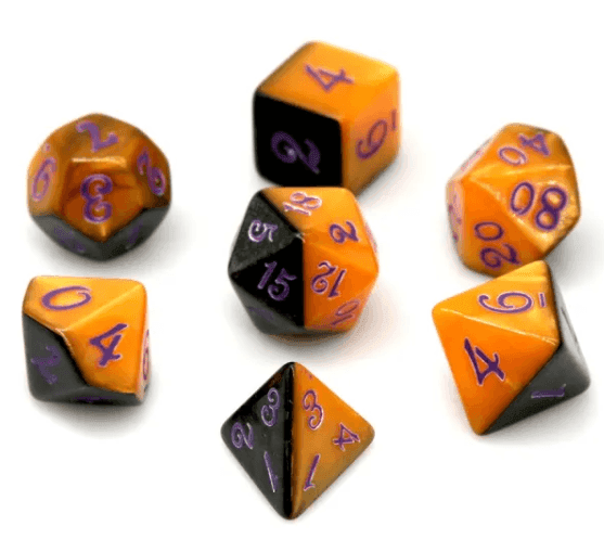 Half-Half Dice Orange & Black 7-Dice Set DND RPG Dice Purple Ink Halloween - 